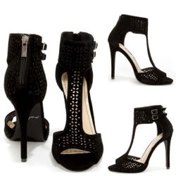 Ann Michelle Perton-22 Laser-cut Suede Stiletto High Heel Ankle Strap Shoes 7