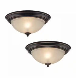 12.75 in 2-Light Oil Rubbed Bronze Flush Mount Ceiling Light Fixture with Tea Stained Glass Shade (2-Pack)