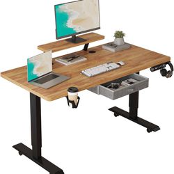 Height Adjustable Electric Standing Desk with One Drawer, Table with Storage Shelf