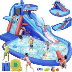 Inflatable Water Slide, Shark Themed Blow Up Water Slide Park with Long Slide, Climbing Wall,Shower Head, Inflatable Water Slide for Kids Backyard 3-1