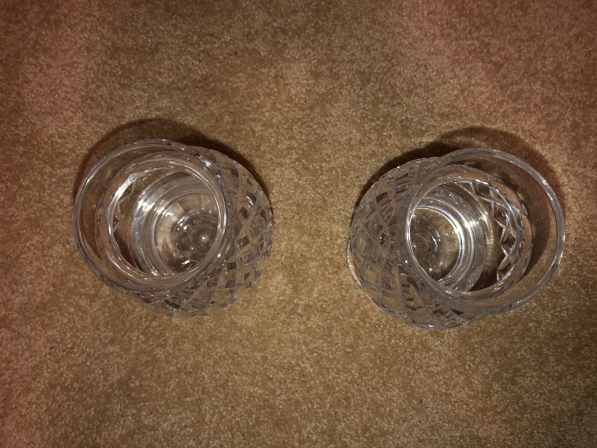 Block 2, 8” Tall Mouth Blown Hand Cut 24% Lead Crystal Votive Hurricane Candle Holders on Pedestals, Art
