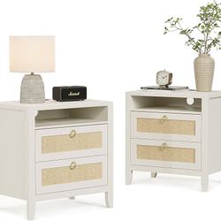 107 Dowinx 23.6" White Night Stand Set of 2, Large Rattan Nightstands with Charging Station 2 Drawers and Strage Shelf, Boho Night Stand Set of 2, Bed