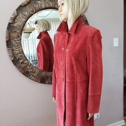 Raspberry long soft leather coats size Small.  NEW  OPEN BOX.