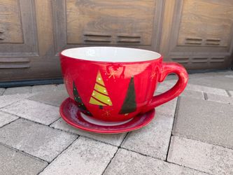 Red Holiday planter with Christmas trees design