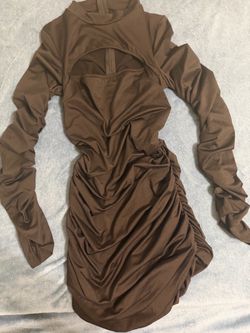 Brown Long Sleeve Ruched Cutout Mini Dress
