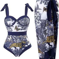 Women's Monokini Swimsuit Bikini With Skirt Wrap Tummy Control Bathing Suit High Waist Chiffon Maxi Beach Dress Cover