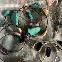 turquoise stone glass beads silver purple pink wire bangle bracelet 9 pc. lot