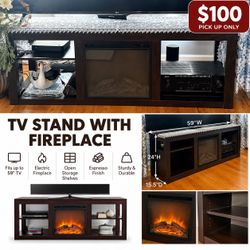 59” TV Stand with Electric Fireplace – Espresso Finish – $100