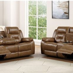 Brand New Brown Leather Reclining Sofa & Loveseat 