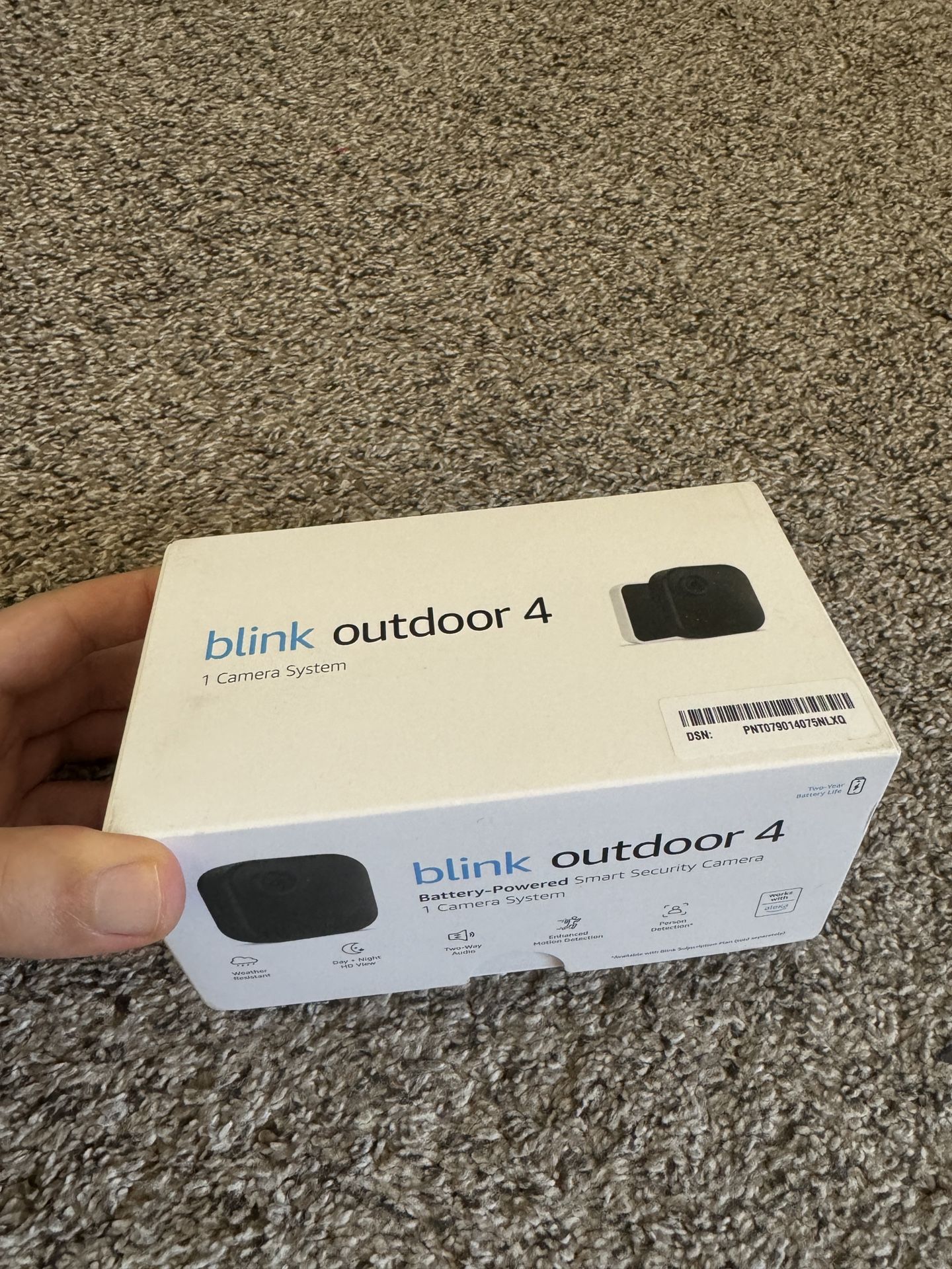 Brand new in factory sealed box, Blink Outdoor 4 (4th Gen) — Wire-free smart security camera, two-year battery life, two-way audio, HD live view, moti