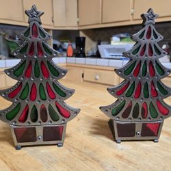 VTG Christmas Tree Cast Iron Stained Glass Tiffany Glow Candle Holder 