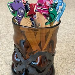 Antique Color Shot Glass w/ Hand Carved Mexican Wooden Alebrije Cocktail Picks