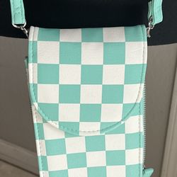 Long Strap Turquoise Checkered Cell Phone Wallet Zipper Purse Handbag NWOT