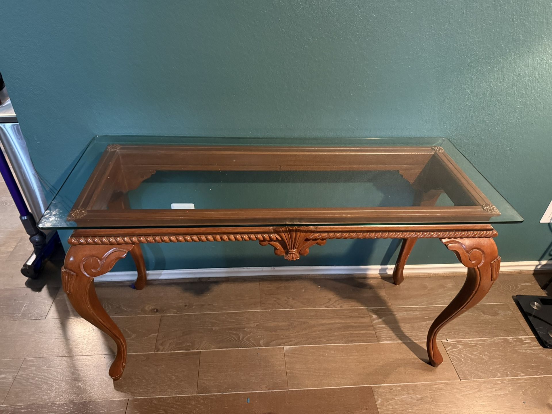 Wood Console Table Tempered Glass Top
