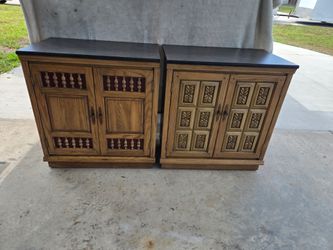 Vintage Mediterranean Style Cabinets with Faux Marble Tops - Pair