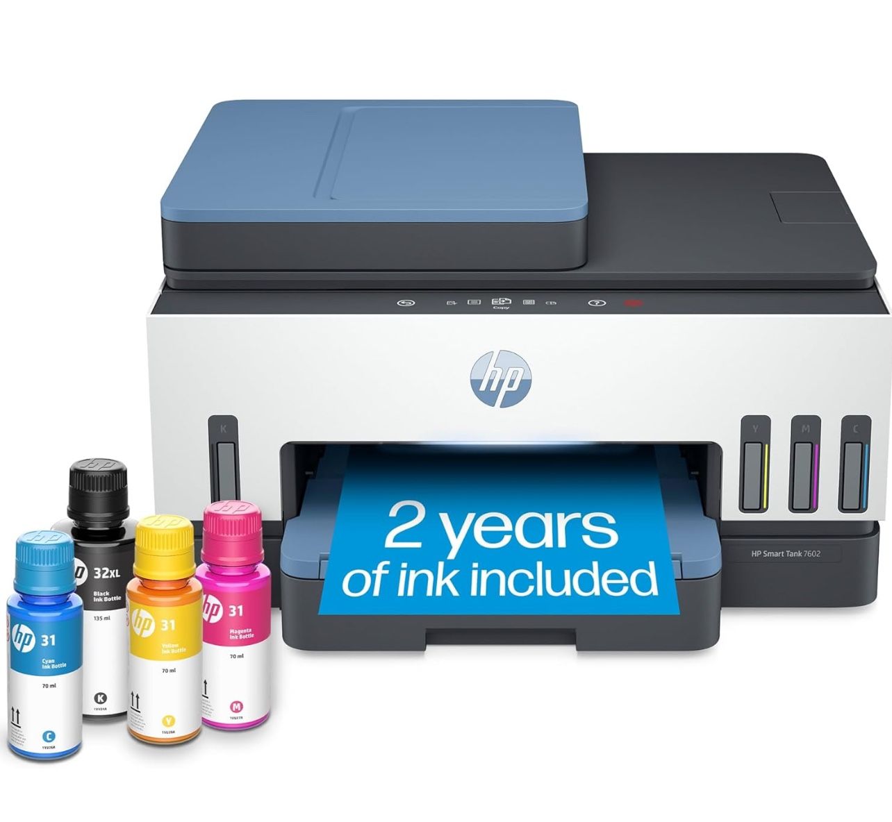 HP Smart Tank 7602 Wireless All-in-One Ink Tank Printer with 2 years of ink included,Print, scan, copy, fax, Best-for-home, Refillable ink tank (28B98