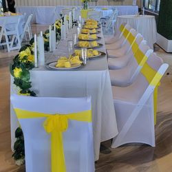 WEDDING- 
Elegant White Chair Covers with Sunny Yellow Tie Backs – Set of 12 – $30 