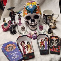 Day Of The Dead Assortment - Painted Skull, Figurines, Glasses, Etc.