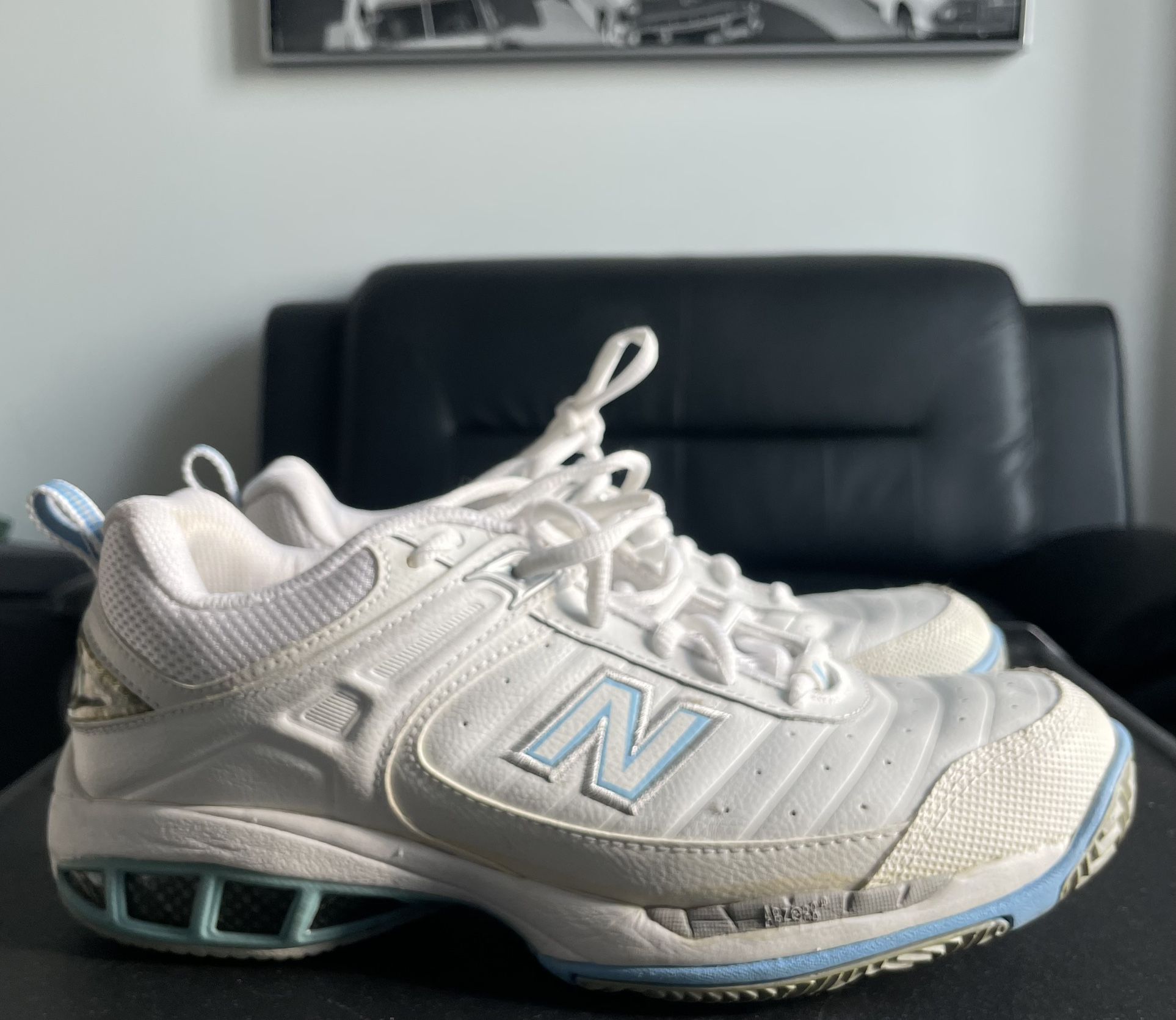 NEW BALANCE 804 TENNIS WHITE LEATHER POWDER BLUE | Women 7.5