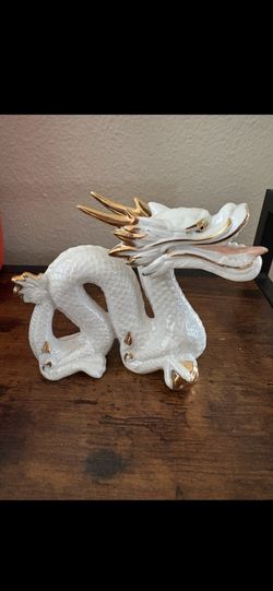 White & Gold Porcelain Dragon Figurine – Asian Decor