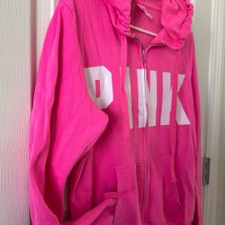 PINK Victoria Secret Hot Pink Hooded Zipper Sweatshirt Sweater Jacket Size Ladies M 🩷🌊