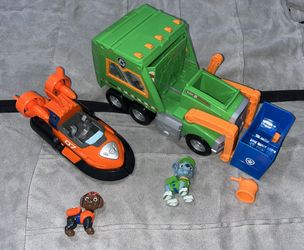 PAW Patrol Zuma/Vehicle + Rocky/Large Recycling Truck & Bin - EXCELLENT COND.