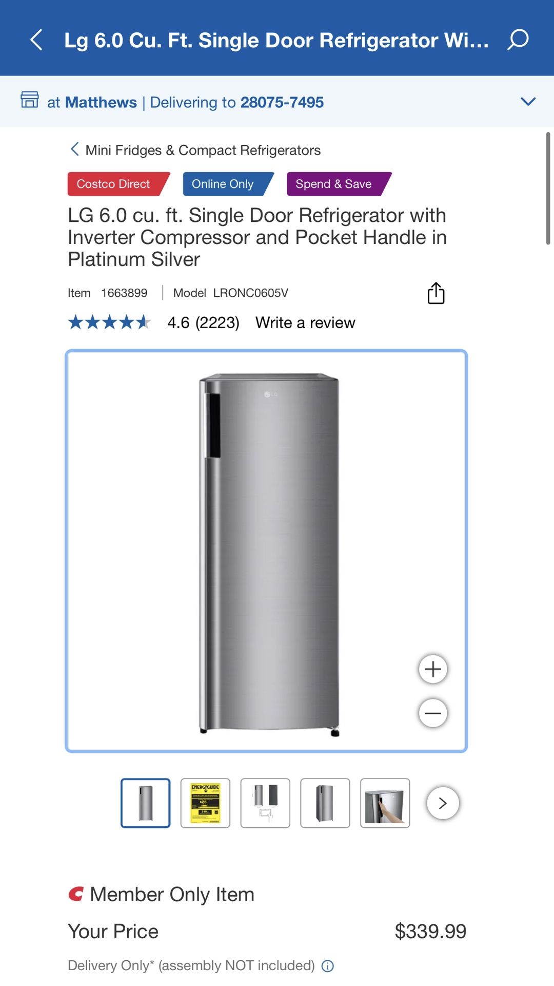 LG 6.0 cu. ft. Single Door Refrigerator with Inverter Compressor and Pocket Handle in Platinum Silver