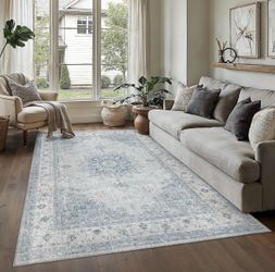 NUEVA Alfombra Azul 6x9 Estilo Vintage Lavable – Antideslizante de Pelo Bajo, Diseño Oriental Tradicional Envejecido para Sala, Dormitorio, Comedor, C
