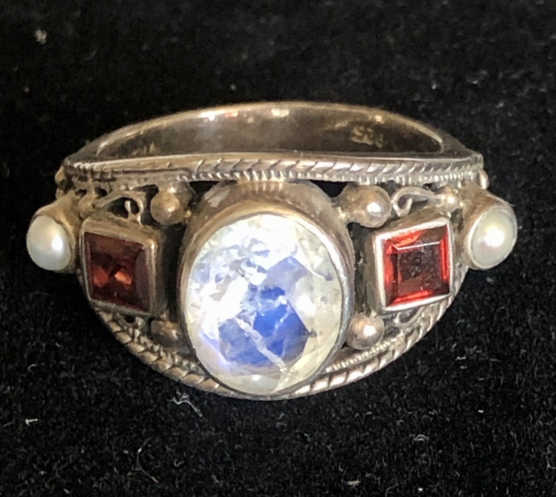 Nicky Butler India Sterling Silver Rainbow Moonstone Pearl Garnet Ring Size 8.75
