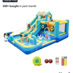 FINCOME Inflatable Bounce House, 10 in 1 Double Water Slide Bounce House with 750W Blower, Climbing Wall, Jumping, Water Gun, Splash Pool, Basketball 
