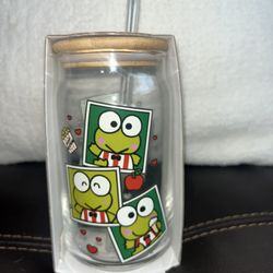 Hello Kitty And Friends Keroppi Glass Tumbler With Bamboo Lid & Straw NEW NWT
