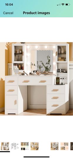 Makeup Vanity Desk with Mirror and Lights & Charging Station, White Vanity Desk with 3 LED Light Modes