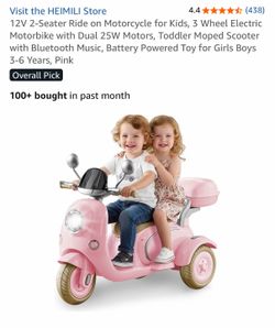 12V 2-Seater Ride on Motorcycle for Kids, 3 Wheel Electric Motorbike with Dual 25W Motors, Toddler Moped Scooter with Bluetooth Music, Battery Powered