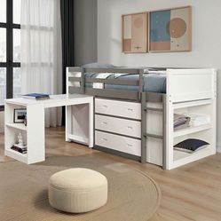 TWIN LOFT BED     |     T-BED ContemporaryWhite/GrayPinewood, Engineered WoodLoft BedInsert & Lock JointNesting DeskMovable 3-Drawer Cabine