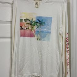 NEW Aeropostale Men’s Long Sleeve Shirt White Tropical Fever Palm Graphic Tee Size Large. VW surf bus van on front with a beach scene and palm tree. T