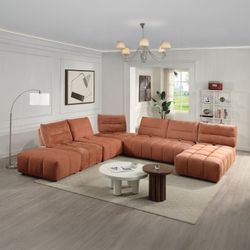 Modular Sectional Coral Red Linen 6 Pc  New Especial Price 