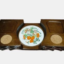 Vintage Wooden Snack Server with Ceramic Plate