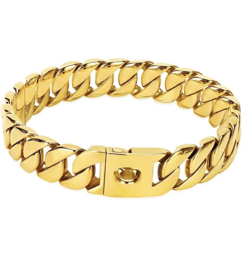 22”Gold Dog Collars for Large Dogs, 32mm Thick Dog Gold Chain 18k Metal Dog Chain Collars Stainless Steel Cuban Link Dog Collar, Gold Chain Dog Collar