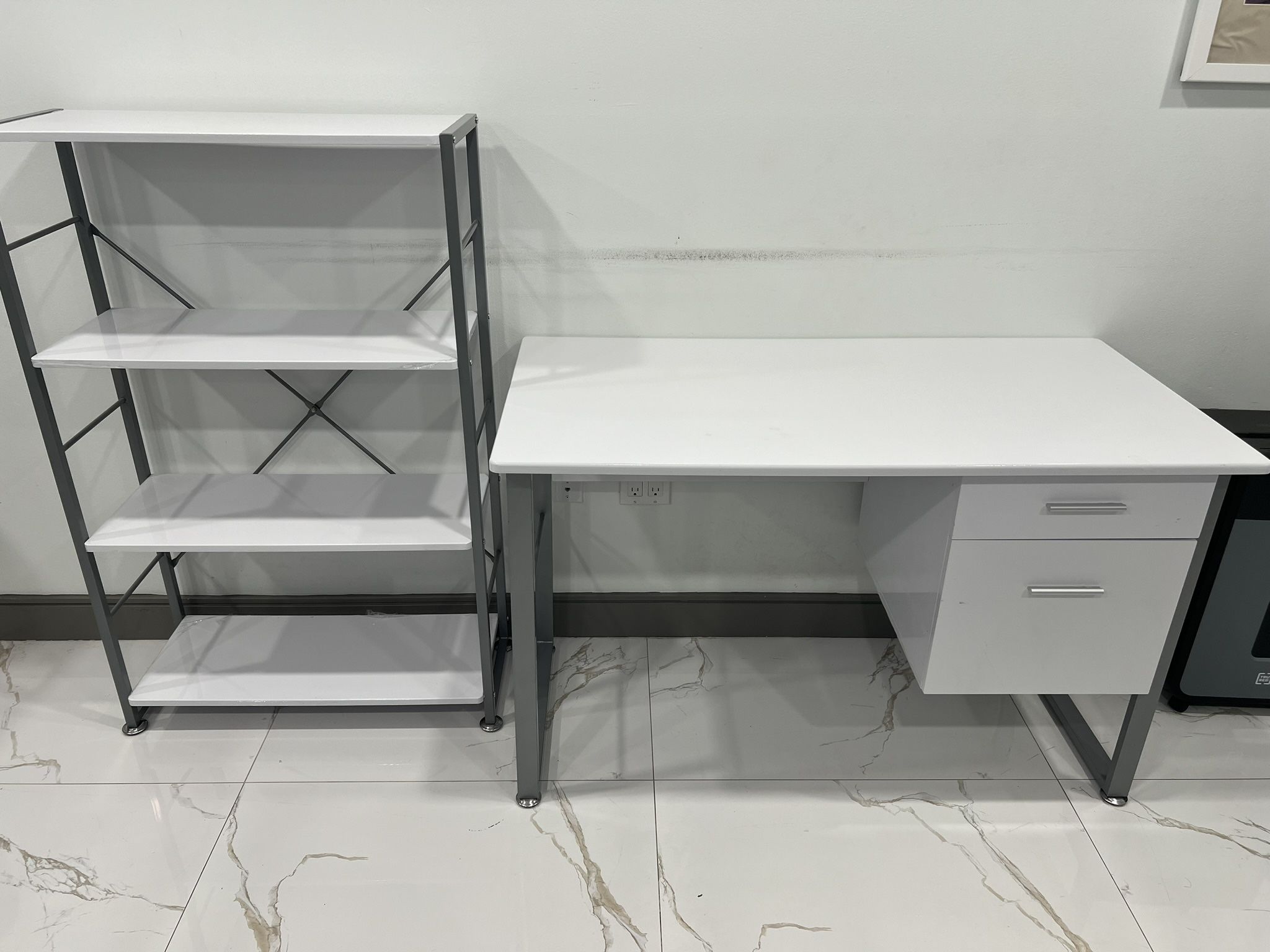 WHITE DESK AND SHELVES 