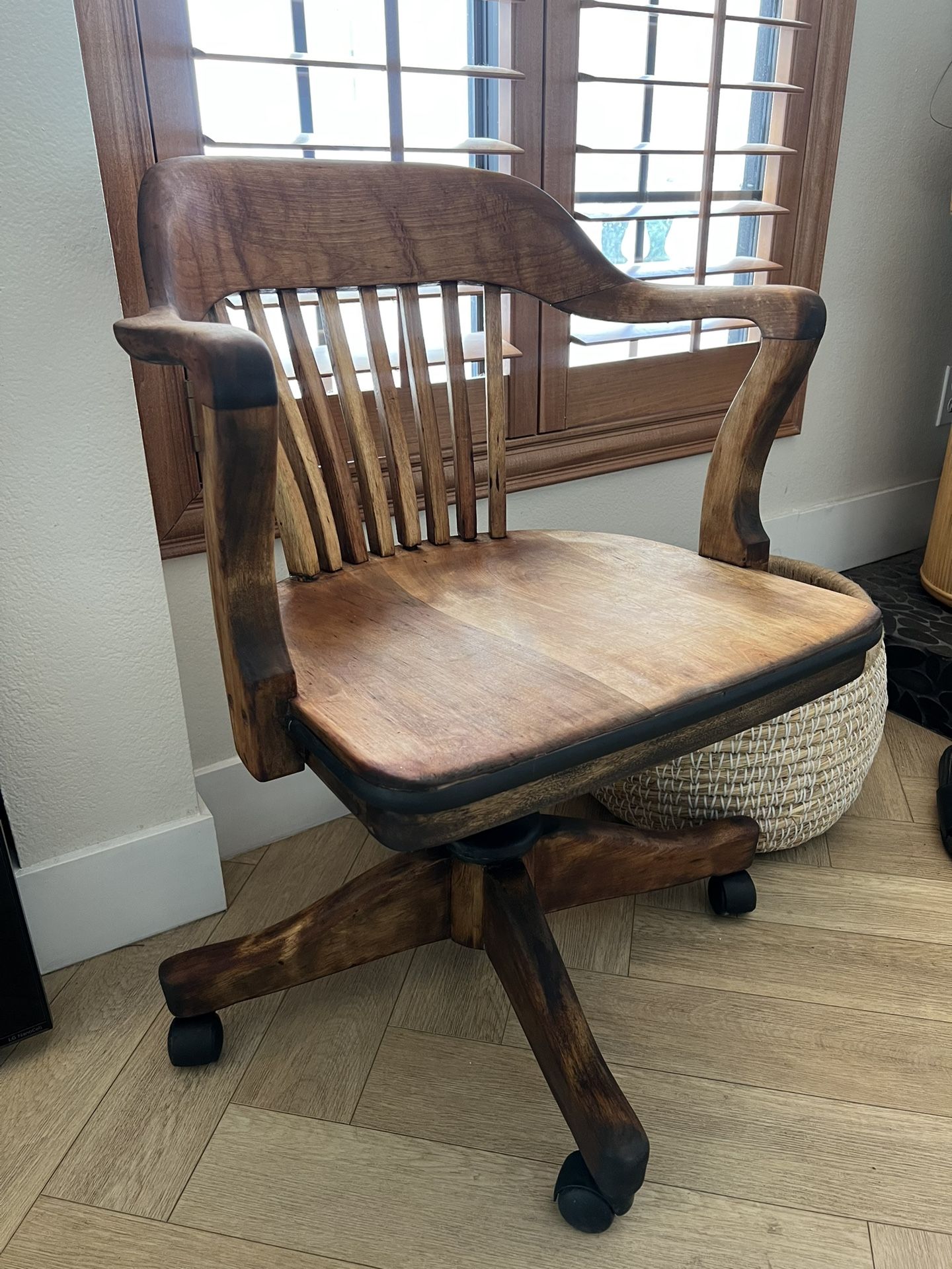 Antique Solid Wood Bankers Office Swivel Desk Arm Chair Rolls