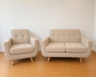 Mid Century Modern Love Seat Sofa and Accent Chair Set Beige - BRAND NEW (2 pieces)