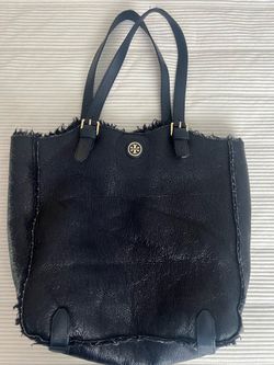 Tory Burch/ Blue Navy Color Leather Tote Large Shoulder Handbag Distressed Raw