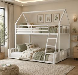 Bunk Bed Twin Over Full, House Bed Frame with Ladder, White
Twin Over Full House-Shaped Bunk Bed. Metal Frame with Guardrail. 350 lb upper, 450 lb low