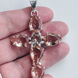 Cross Morganite Crystal Quartz Sterling Silver 2.3” Necklace Pendant