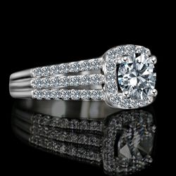 Radiant Round 2 CT. Split Shank Paved Square Halo Simulated Diamond - Diamond Veneer Sterling Silver Engagement/ Wedding Ring. 635R4009