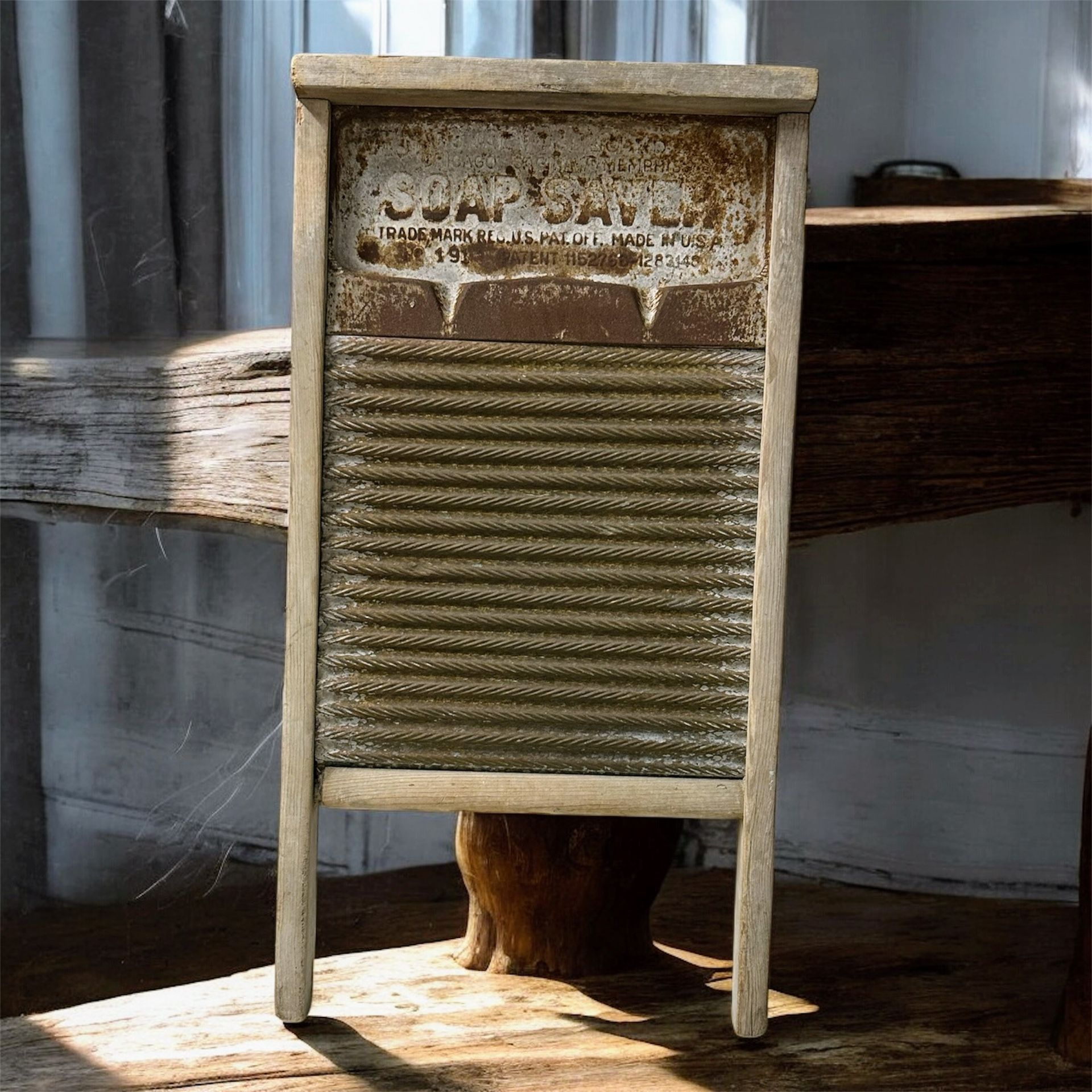 Vintage SOAP SAVER Washboard Wooden Frame Galvanized Steel USA Early 1900s