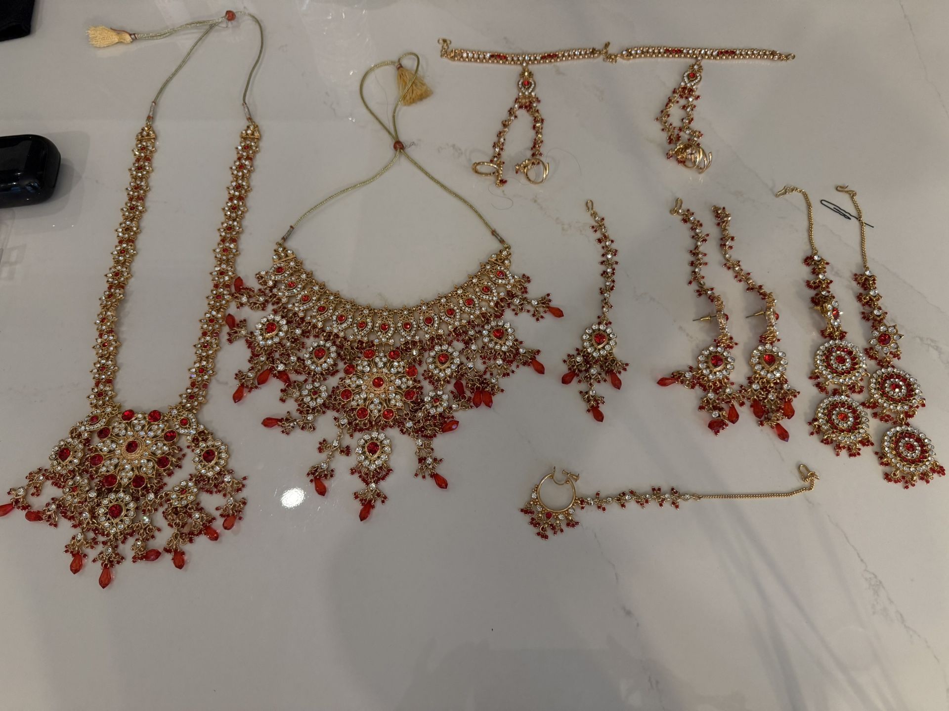 Indian Bridal Jewelry Set, 2 Pairs Of Necklace & 2 Pairs Of Earings , Bracelate With Parm Jewelry With 2 Rings For Each Hand, Mang Tikka & Nose Ring