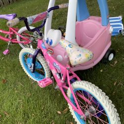 3 Bikes And A Pink Little Tykes Car  And A Purple Push Stroller   All For $100 Bucks  Trining Wheels Also