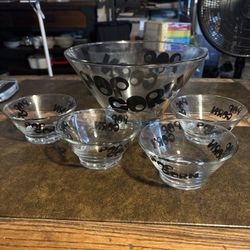 Vtg 1970's Wheaton Glass Popcorn Bowl Set  5 Piece Black Letters Groovy 5 pc MCM