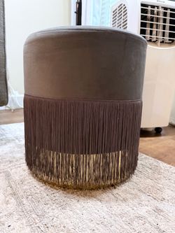 Round Velvet Ottoman with Fringe Trim